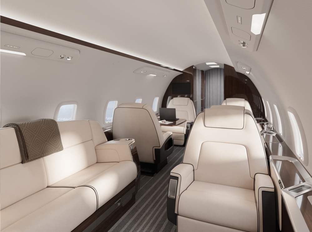 Luxury private jet cabin interior with leather seating